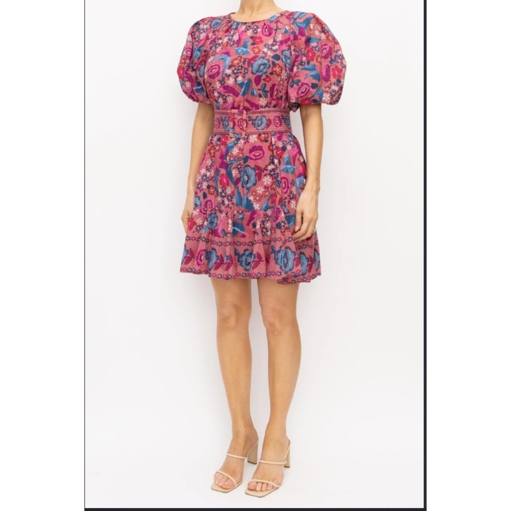 Farm Rio Birds Blush Floral Puff Sleeve Belted Cotton Blend Dress Boho Medium